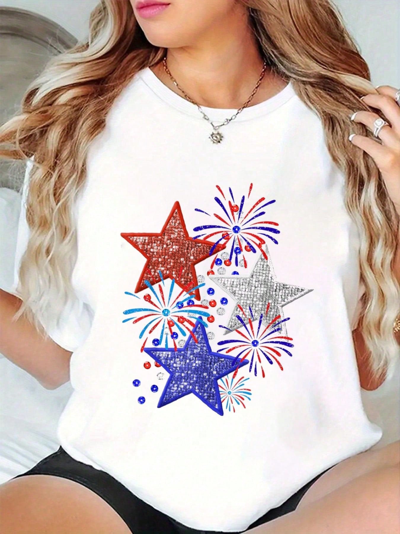 Celebrate Independence Day in style with this playful women's graphic tee featuring vibrant red, white, and blue fireworks. Perfect for showing your patriotic spirit, this comfortable shirt adds a festive touch to any 4th of July gathering or summer outing.