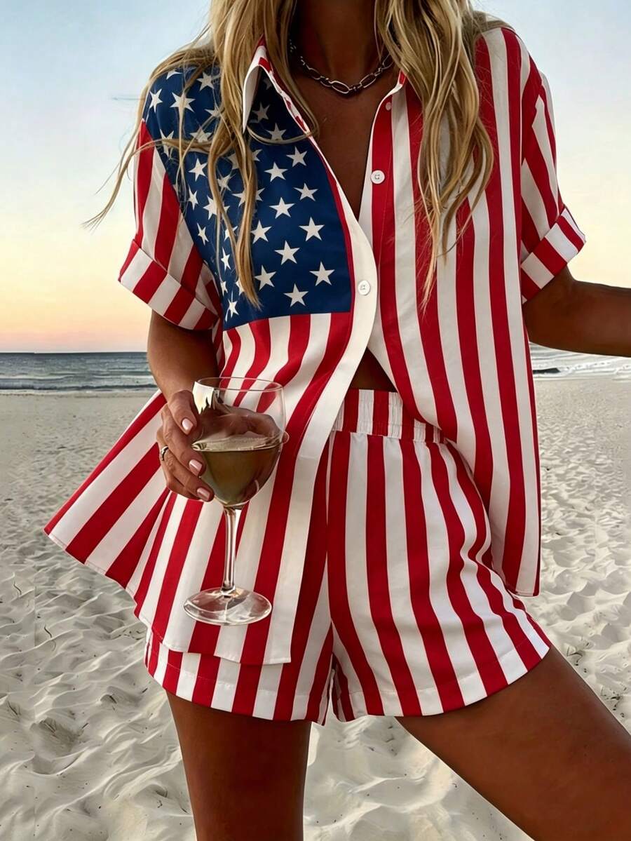 Front view of patriotic flag print collared button-up shirt and matching elastic waist shorts set