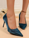 Peacock blue satin-look pointed toe stiletto pumps front view