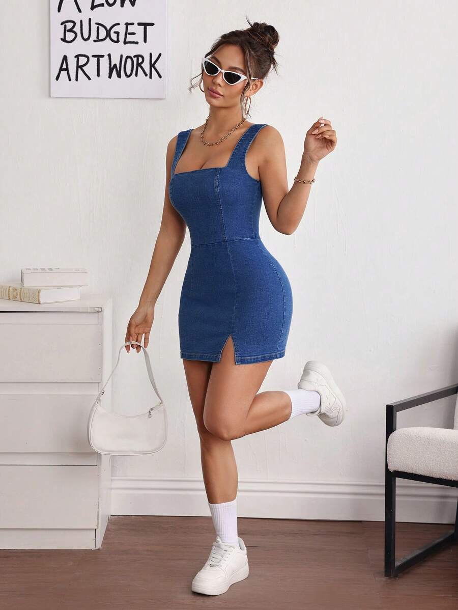 Turn heads in this striking petite backless slit denim dress, designed for unforgettable date nights. The daring open back and thigh-high slit create an alluring silhouette that balances classic denim with modern edge. Perfect for those who want to make a bold statement while staying comfortable and confident. Ideal for dinner dates, nights out, or any occasion where you want to feel absolutely stunning.