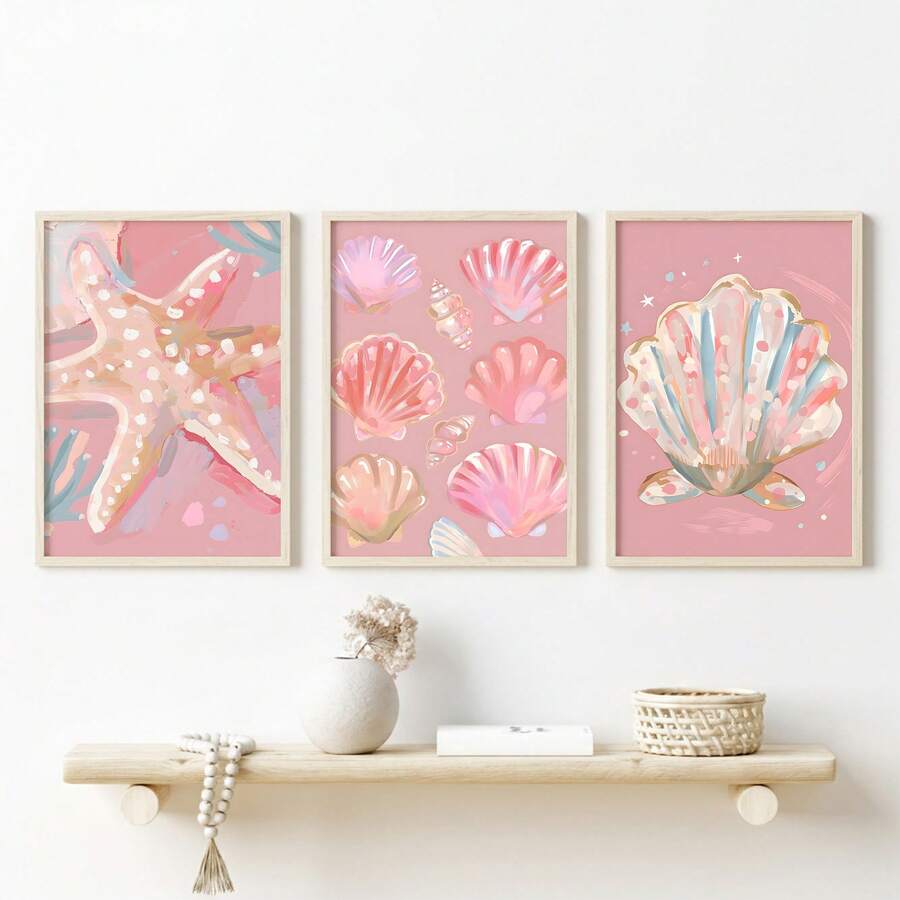 Pink coastal seashell and starfish canvas wall art set