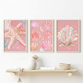 Pink coastal seashell and starfish canvas wall art set
