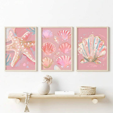 Pink coastal seashell and starfish canvas wall art set