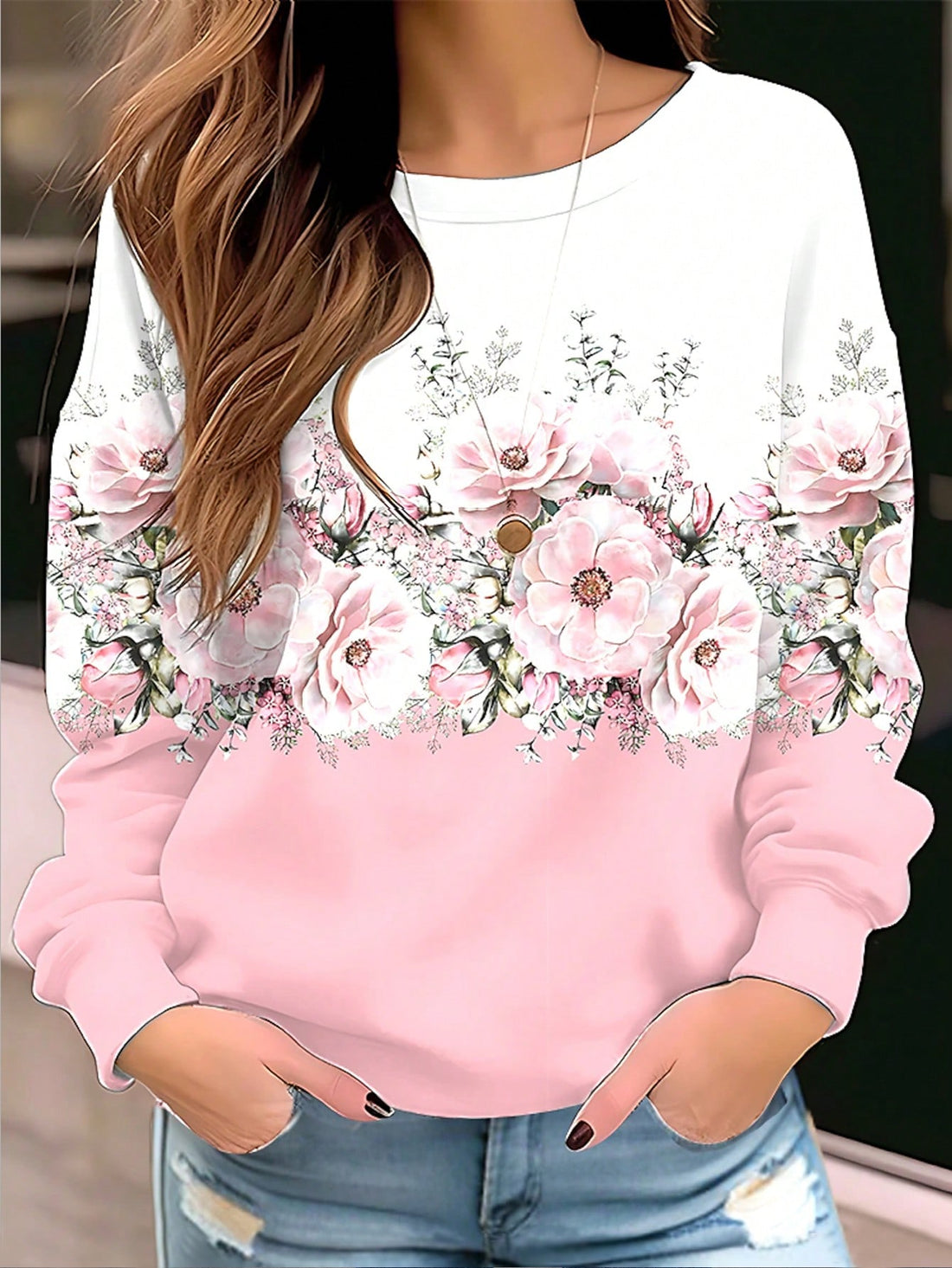 Upgrade your cozy chic game with our Pink Floral Print Drop Shoulder Sweatshirt. The perfect addition to your wardrobe, this sweatshirt features a beautiful floral print and a comfortable drop shoulder design. Stay warm and stylish with this must-have piece.