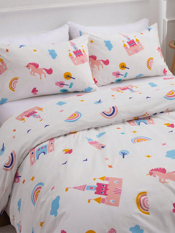 Introducing the Pink Princess Castle Bedding Set - a dreamy addition to any bedroom. Made with soft, high-quality materials, this set includes a comforter, pillowcases, and sheets all adorned with a beautiful pink castle design. Transform your bedroom into a magical oasis and indulge in a peaceful night's sleep.