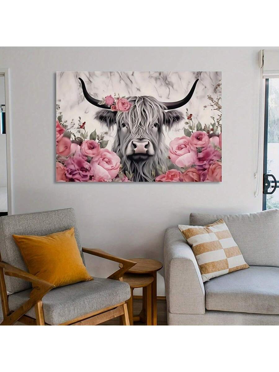 Whimsical farmhouse canvas shown above living room sofa