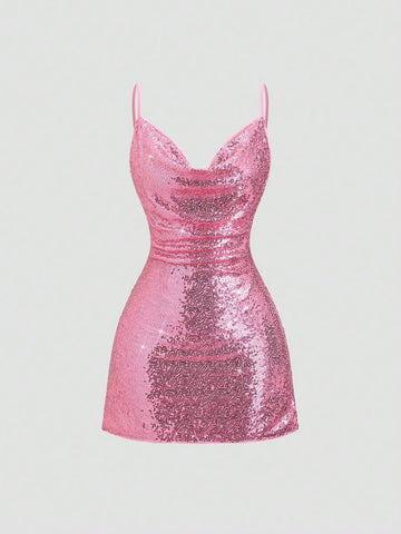 Front view of pink sequin cowl neck mini dress