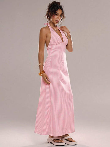 Embrace the essence of sun-drenched days with this pink striped V-neck sleeveless long dress, a quintessential addition to your Summer 2026 collection. Featuring a timeless vertical stripe pattern that creates a lengthening, slimming effect, this dress perfectly balances casual comfort with a polished, feminine aesthetic. The deep V-neckline adds a touch of sophisticated allure, while the sleeveless, flowing maxi silhouette ensures maximum breathability and ease of movement during tropical vacations or balm