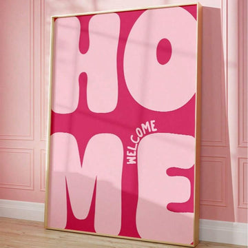 Pink Welcome Home bubble-letter canvas art leaning against a pink paneled wall