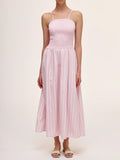 This pink and white striped midi dress features playful pleats and a cinched waist that flatters your figure effortlessly. Its breezy design makes it perfect for sunny days or casual outings, combining comfort with a fun, stylish vibe. Slip it on and enjoy a look that’s both charming and easygoing.