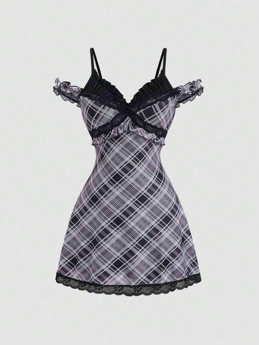 Front view of black white gray plaid lace patchwork mini dress