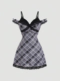 Front view of black white gray plaid lace patchwork mini dress
