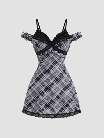 Front view of black white gray plaid lace patchwork mini dress