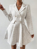 Front view of ivory plaid blazer mini dress with notched lapels and gold-tone buttons
