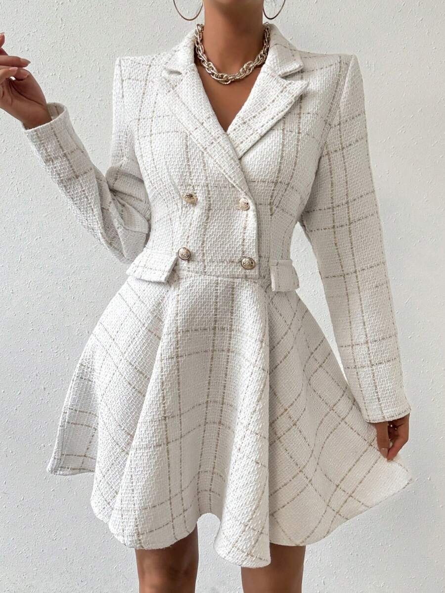 Front view of ivory plaid blazer mini dress with notched lapels and gold-tone buttons
