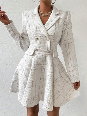 Front view of ivory plaid blazer mini dress with notched lapels and gold-tone buttons