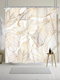 Expertly crafted with a platinum tropical leaf design, this shower curtain set adds an elegant touch to any bathroom. The bronze palm design is both stylish and functional, providing privacy and protecting your floors from water damage. Complete with 12 plastic hooks for easy installation.