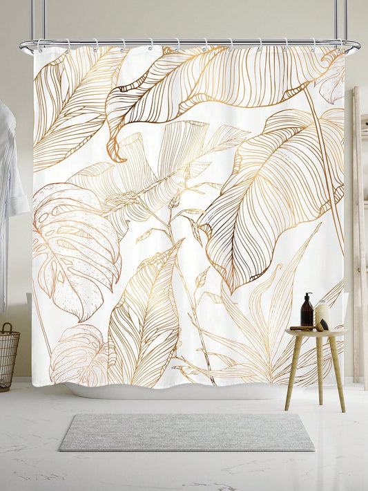 Expertly crafted with a platinum tropical leaf design, this shower curtain set adds an elegant touch to any bathroom. The bronze palm design is both stylish and functional, providing privacy and protecting your floors from water damage. Complete with 12 plastic hooks for easy installation.