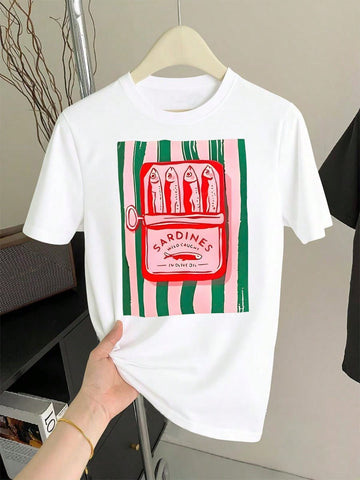 Dive into summer style with this quirky women's round neck tee featuring a playful canned sardines print. Perfect for those who love witty, unexpected designs, this lightweight tee brings humor and personality to your warm-weather wardrobe. The classic round neckline and comfortable fit make it ideal for casual outings, beach days, or whenever you want to spark a smile. Whether you're a seafood lover or just appreciate bold, conversation-starting graphics, this tee delivers fun with every wear.