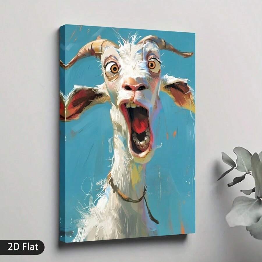 Funny white goat canvas wall art on turquoise background hanging near plant