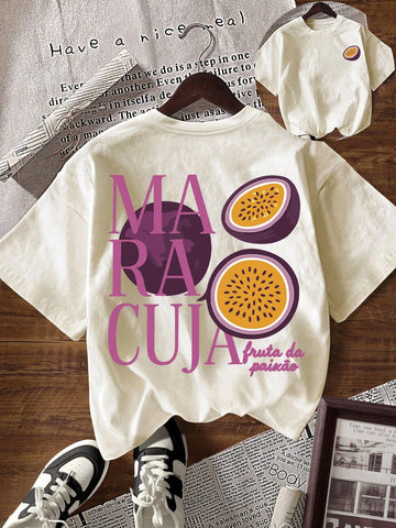 Brighten your summer wardrobe with this cheerful fruit letter print tee! Featuring vibrant, whimsical fruit designs paired with bold lettering, it's the perfect pick for laid-back days and casual outings. Crafted from soft, breathable fabric, this short-sleeve shirt keeps you cool and comfortable when temperatures rise. Whether you're heading to the beach, running errands, or just hanging out, this fun graphic tee adds a splash of personality to any casual look. A playful essential that celebrates summer st