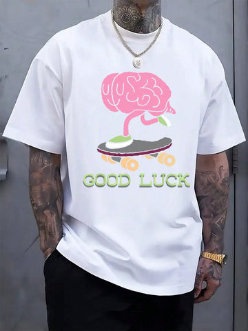 Get ready to turn heads this summer with our playful men's crew neck tee! Featuring a bold skateboard brain print in vibrant pink and green on sleek black fabric, this casual shirt brings fun and flair to your everyday look. Perfect for skate sessions or chilling with friends, it combines comfort and style effortlessly. Embrace the vibe and let your outfit do the talking!