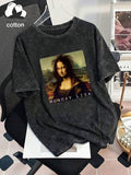 Front view of washed charcoal Monday Lisa graphic T-shirt with Mona Lisa parody print