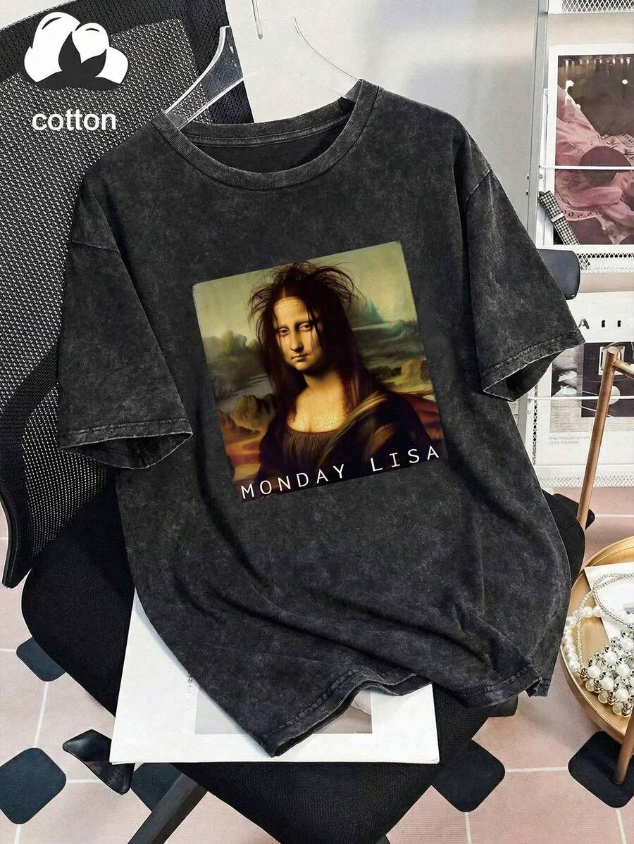 Front view of washed charcoal Monday Lisa graphic T-shirt with Mona Lisa parody print