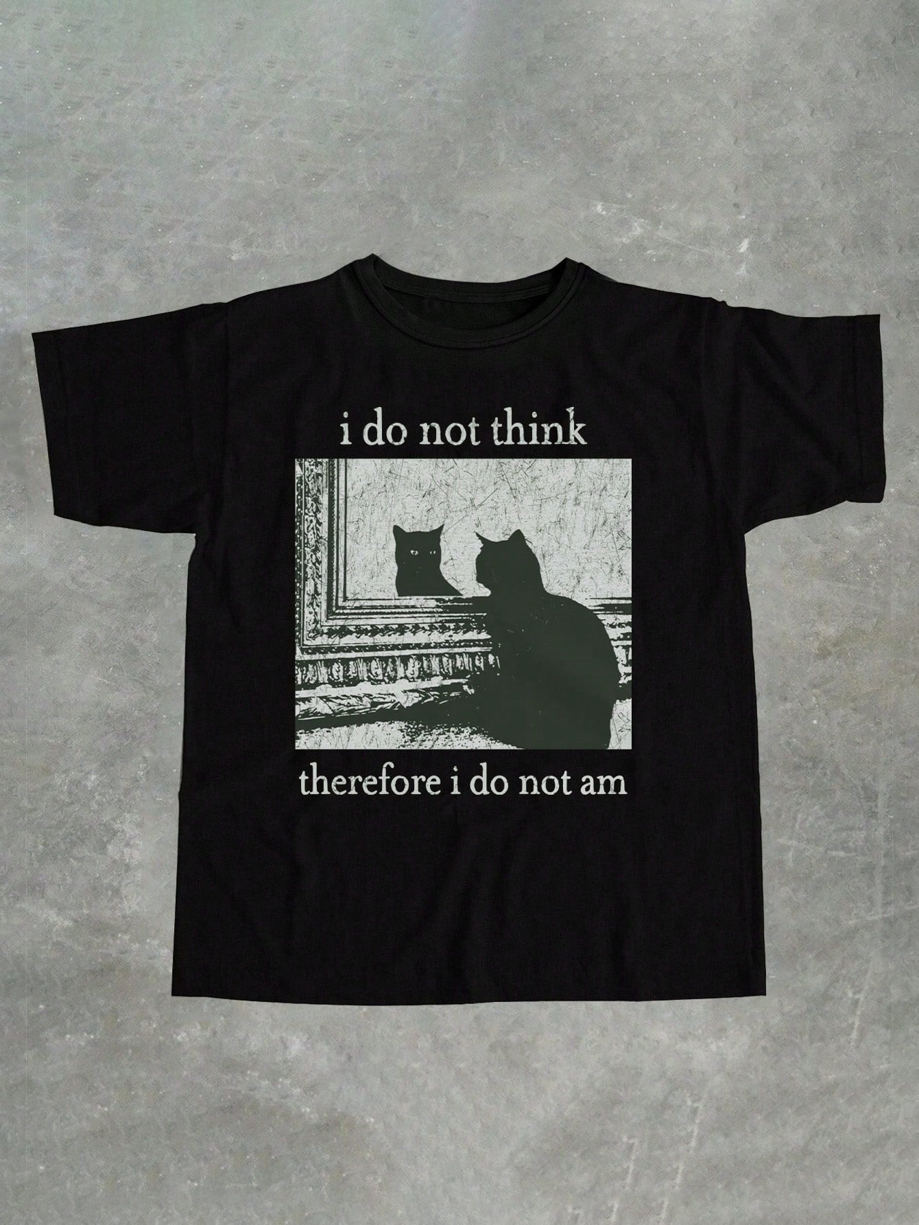 Embrace your inner philosopher (or cat lover) with our Playful Philosophy Tee! Featuring a witty twist on Descartes' famous quote, this graphic tee is sure to make you (and others) think (and laugh). Stay stylish and philosophical at the same time with this quirky and fun top.