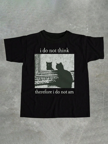 Embrace your inner philosopher (or cat lover) with our Playful Philosophy Tee! Featuring a witty twist on Descartes' famous quote, this graphic tee is sure to make you (and others) think (and laugh). Stay stylish and philosophical at the same time with this quirky and fun top.