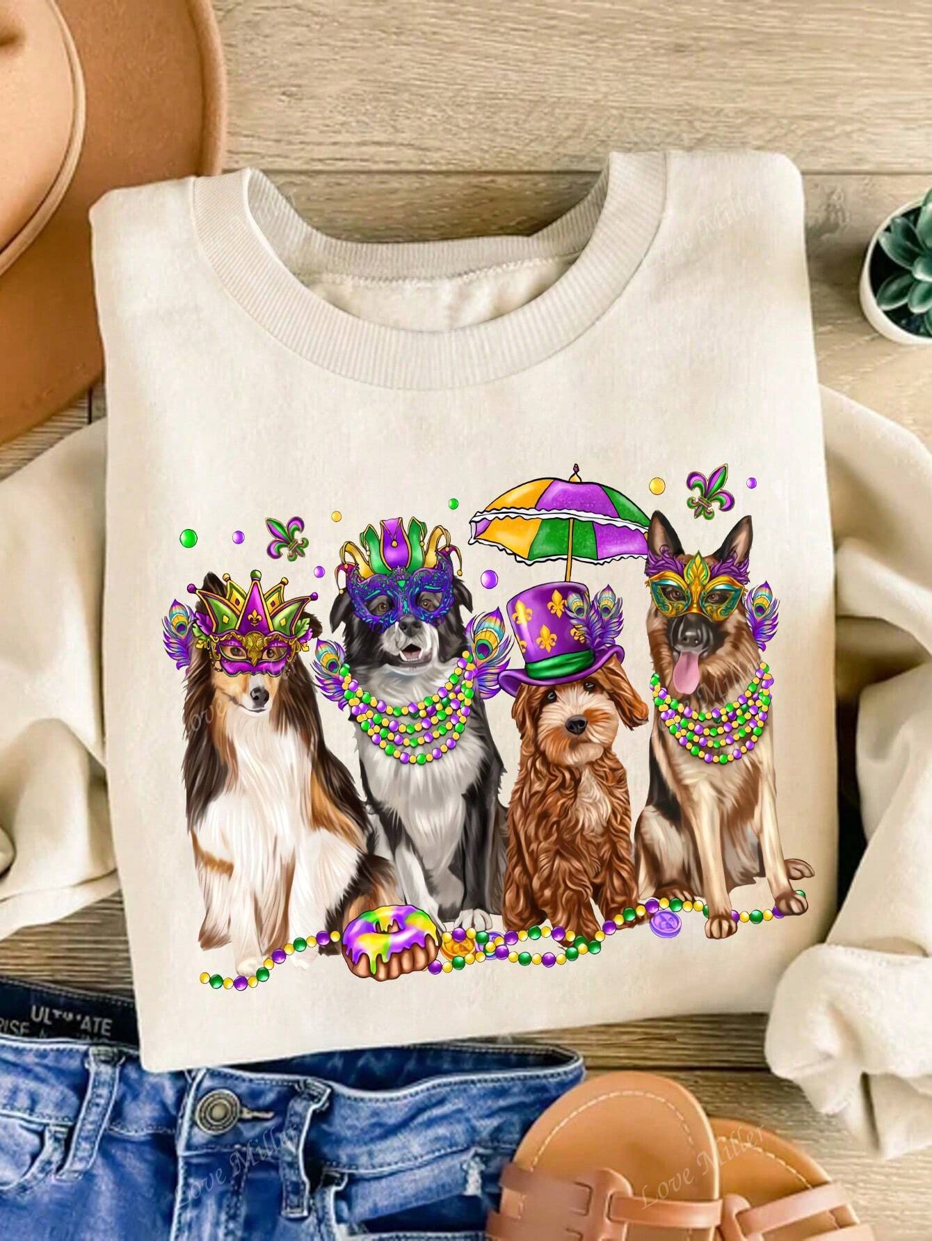 Get cozy with our Playful Pup Print Sweatshirt! This long sleeve sweatshirt features an adorable pup print that is perfect for the autumn and winter seasons. Stay warm and stylish with this quirky and fun sweatshirt. A must-have for any dog lover!