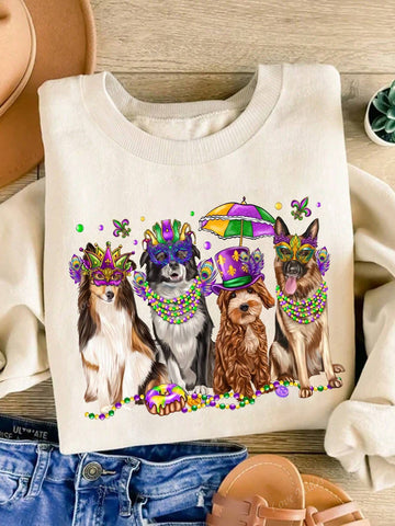 Get cozy with our Playful Pup Print Sweatshirt! This long sleeve sweatshirt features an adorable pup print that is perfect for the autumn and winter seasons. Stay warm and stylish with this quirky and fun sweatshirt. A must-have for any dog lover!