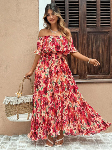 Elegant Pleated Flare Sleeve Maxi Dress for a Romantic Getaway