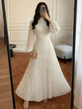 Multicolor pleated stand-collar floral maxi dress with bishop sleeves