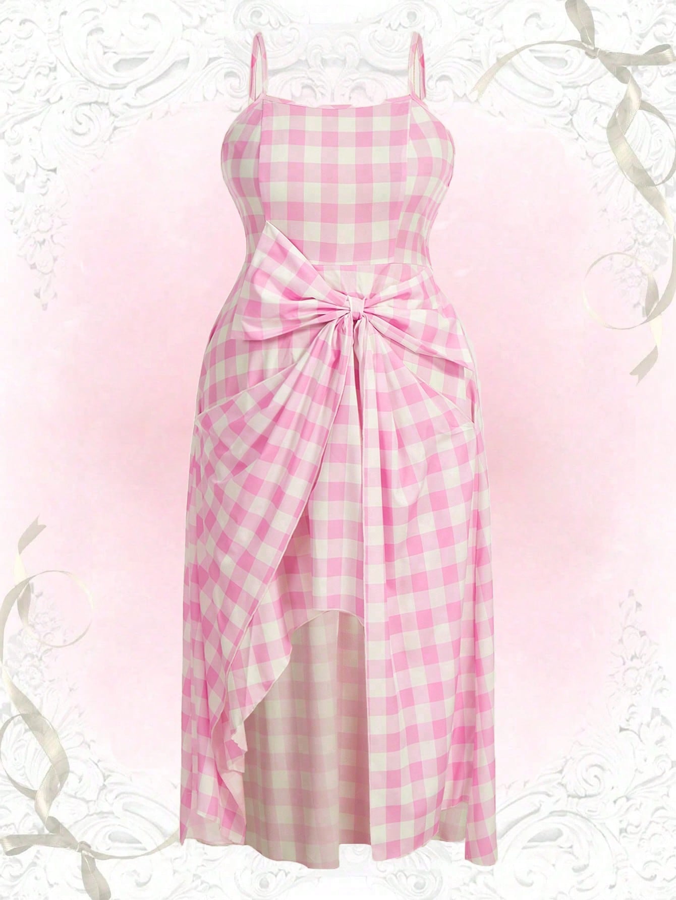 Introducing the must-have for curvy figures: our Plus Gingham Print Bow Front Cami Dress! This stylish midi dress is perfect for the summer with its playful gingham print and flattering bow front design. Stay cool and chic all season long!