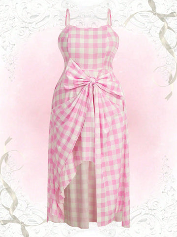Introducing the must-have for curvy figures: our Plus Gingham Print Bow Front Cami Dress! This stylish midi dress is perfect for the summer with its playful gingham print and flattering bow front design. Stay cool and chic all season long!