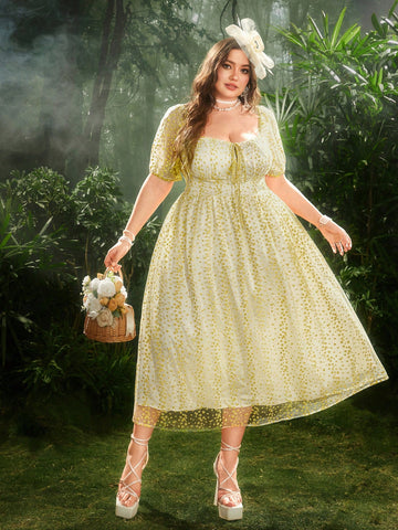 Experience effortless elegance in this plus size A-line dress! The unique embroidered mesh square neckline adds a touch of whimsy, while the puff sleeves add a playful twist. Perfect for any occasion, this dress will make you look and feel stylish and confident.