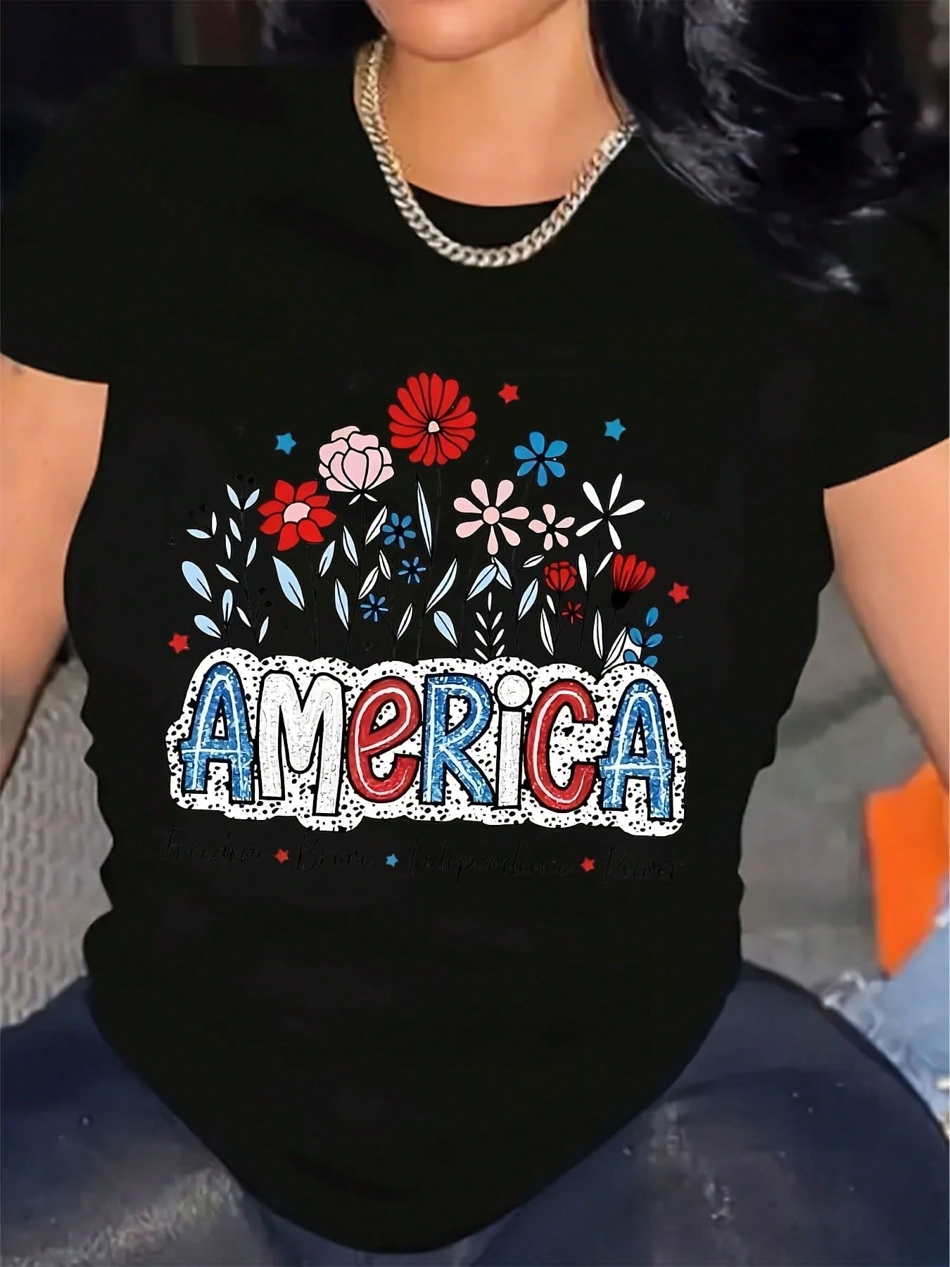 Celebrate freedom in style with this Plus Size American Flag T-Shirt for Women! Featuring a fun and bold graphic design, it’s perfect for casual Independence Day outings or everyday wear. Comfortable and flattering, this tee lets you show off your patriotic spirit with a playful twist.