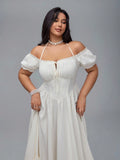 Step out in style with this playful plus size apricot dress, featuring a flirty off-shoulder neckline and charming puff sleeves. The bustier design highlights your curves, while the tie waist adds a touch of French-inspired elegance. Perfect for sunny days or special occasions, this dress combines comfort and chic flair effortlessly.