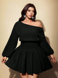 Front view of black off-shoulder mini dress with asymmetric neckline, bishop sleeve and shirred waist