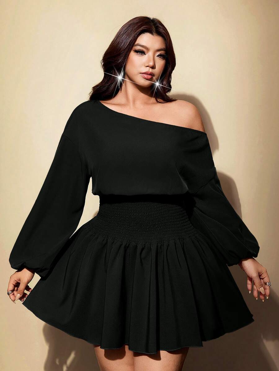 Front view of black off-shoulder mini dress with asymmetric neckline, bishop sleeve and shirred waist