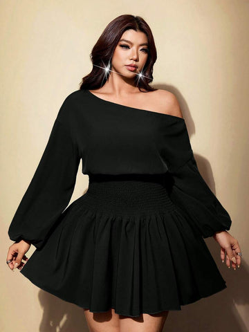 Front view of black off-shoulder mini dress with asymmetric neckline, bishop sleeve and shirred waist