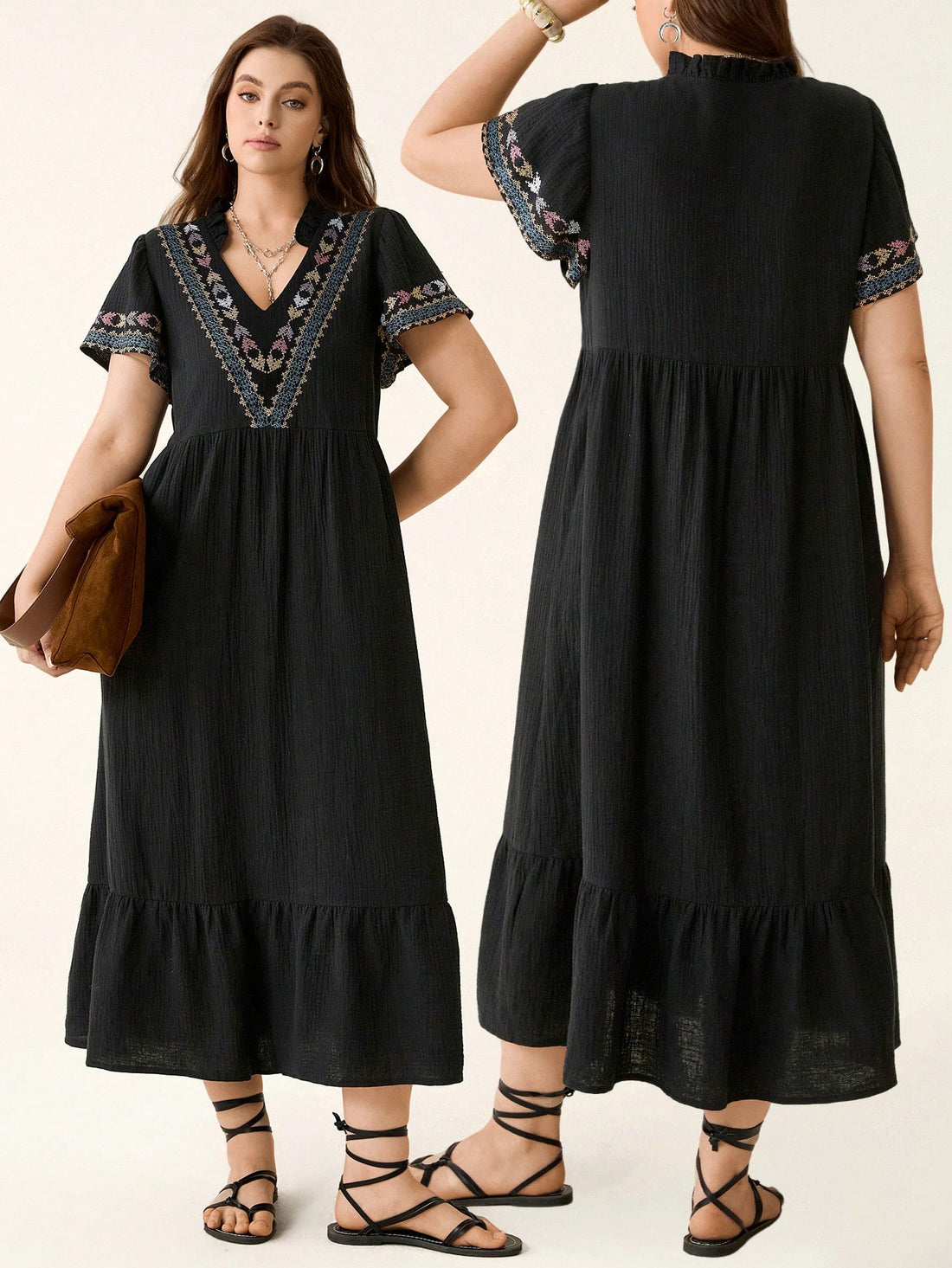 Celebrate sunny days and special moments in this Plus Size Black Floral Embroidery Casual Dress. Its charming floral details add a touch of whimsy, making it a delightful choice for Mother’s Day brunches or carefree summer getaways. Comfortable and flattering, it’s designed to keep you feeling fabulous while you soak up the season’s best vibes.