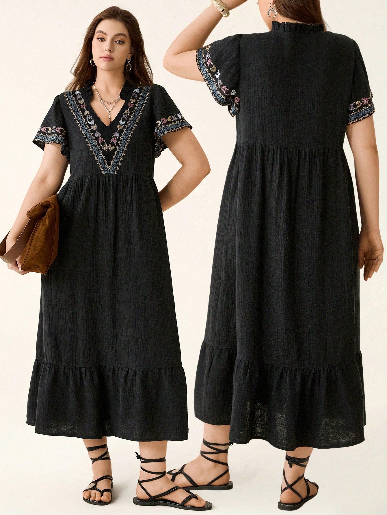 Celebrate sunny days and special moments in this Plus Size Black Floral Embroidery Casual Dress. Its charming floral details add a touch of whimsy, making it a delightful choice for Mother’s Day brunches or carefree summer getaways. Comfortable and flattering, it’s designed to keep you feeling fabulous while you soak up the season’s best vibes.