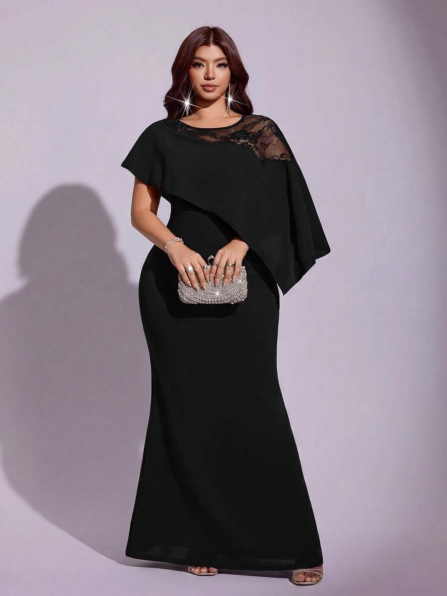 Shop a plus size black lace A-line dress with patchwork and a ruffle cape. Perfect for summer parties, weddings, dinners, cocktails, and special occasions.