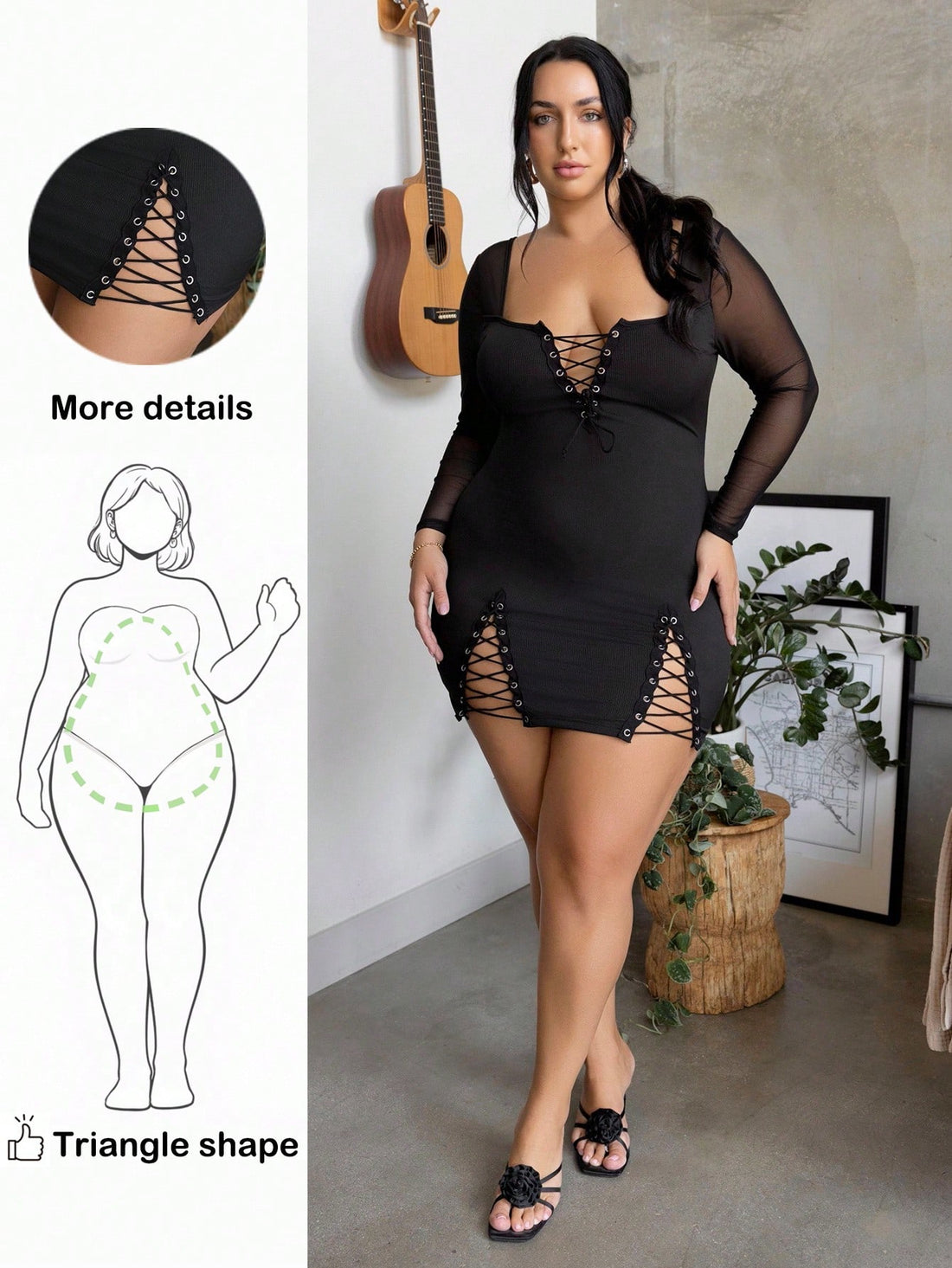 Slip into effortless elegance with this chic black bodycon mini dress designed to celebrate your curves. The delicate spaghetti straps pair beautifully with long sleeves for a modern twist, while the ribbed fabric hugs in all the right places. Specially tailored for pear-shaped figures, this dress balances your silhouette with flattering proportions. Whether you're heading out for a night on the town or a casual date, this versatile piece transitions seamlessly from day to night. Confidence never looked so 