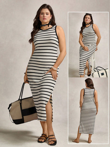 Step out in style with this playful plus size black and white striped midi dress. Featuring a flattering side slit, it effortlessly blends comfort with flair—ideal for casual days, resort escapes, or office hours with a twist. The classic stripes add a timeless vibe while the flowy fit ensures you stay comfy and confident all day long. Dress it up or down and enjoy those heads turning wherever you go!