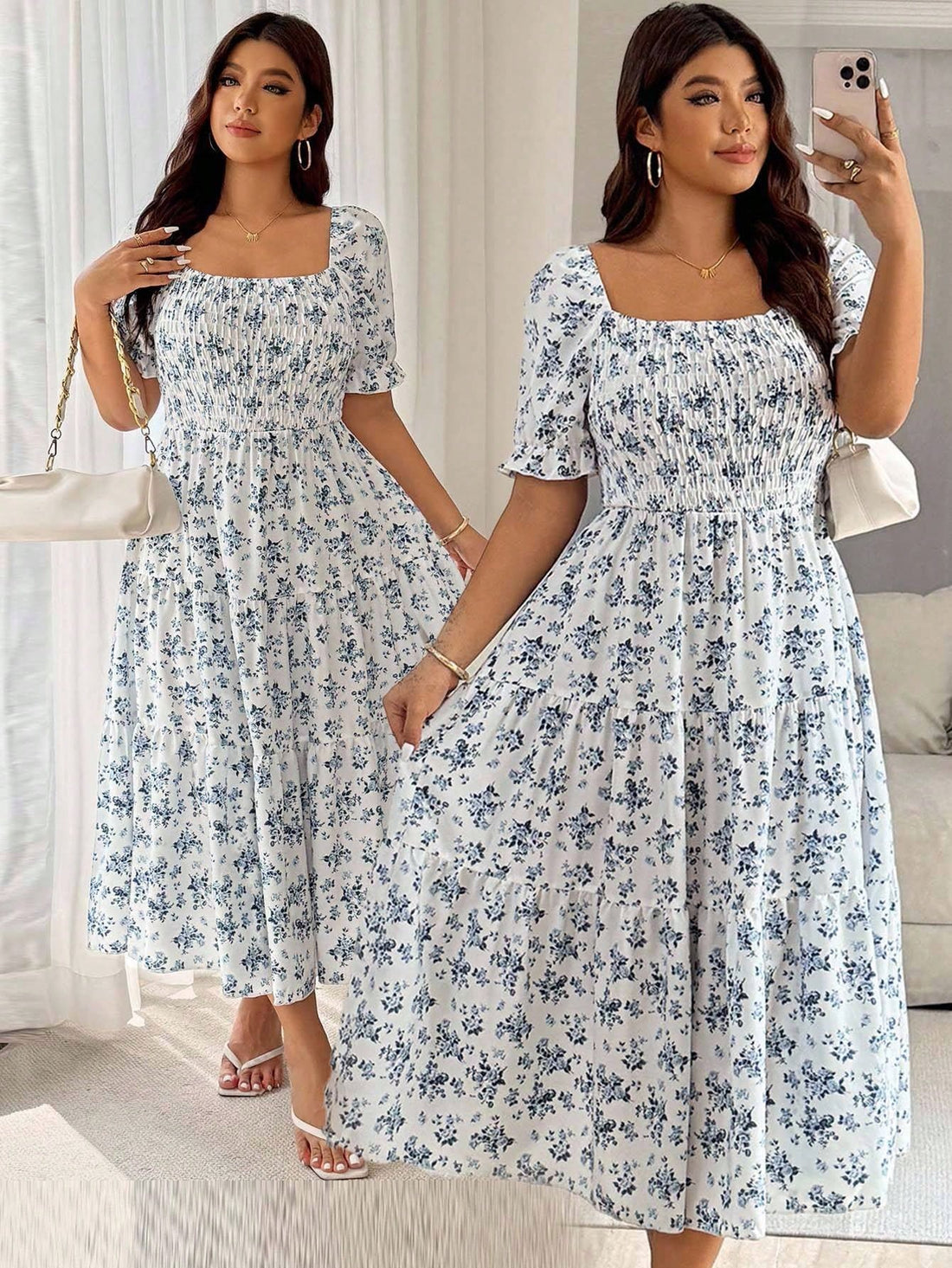 Embrace your curves in this playful plus size dress featuring a charming blue and white ditsy floral print. The flirty lantern sleeves add a whimsical touch, while the waist-cinching detail creates a flattering silhouette. Perfect for sunny days or casual outings, this dress combines comfort and style effortlessly.