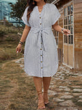 Embrace sunny days with this playful plus size blue and white striped midi dress. The waist tie cinches to highlight your curves, while the breezy fabric keeps you cool and comfy. Perfect for channeling that fresh Navycore vibe, it’s your go-to piece for effortless summer style and endless twirling fun.