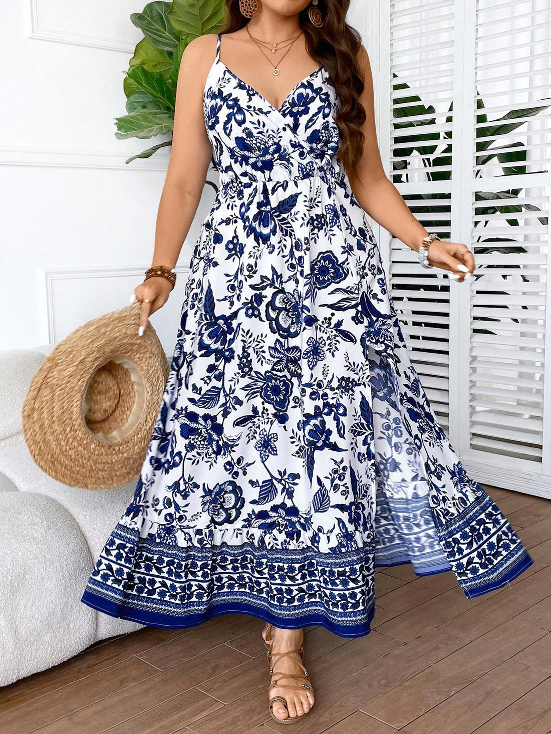 Embrace summer vibes in this gorgeous botanical print maxi dress! Designed specifically for plus-size figures, this flowy cami dress offers both comfort and style. The eye-catching pattern will have you turning heads at beach parties, backyard BBQs, or casual date nights. Pair with sandals and a floppy hat for the ultimate carefree summer look!